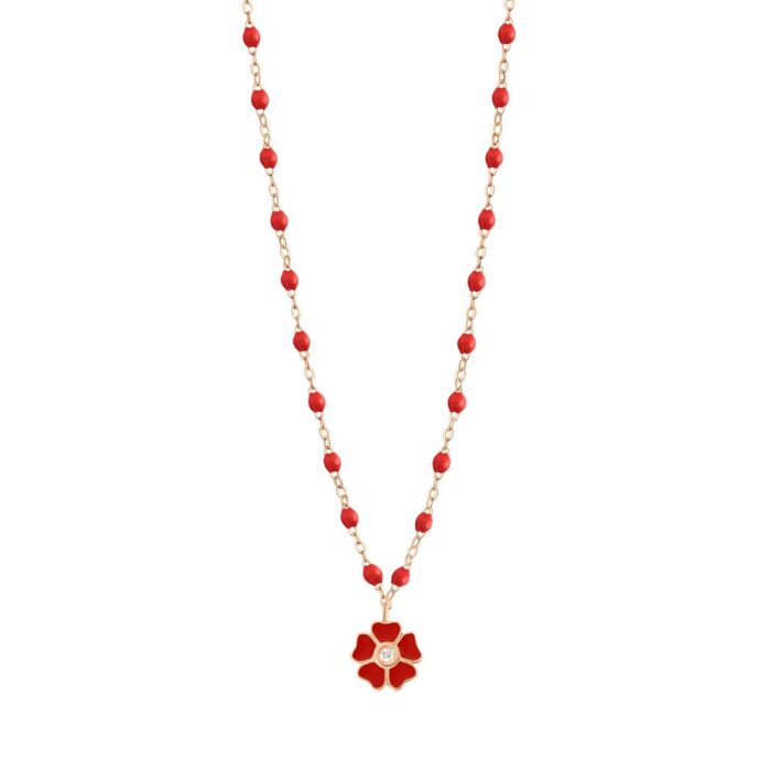 Collier coquelicot Fleur, diamant, or rose, 42 cm