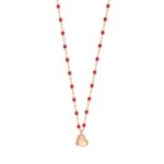 Collier Lucky Coeur, or rose et mini perles de résine coquelicot, 40 cm