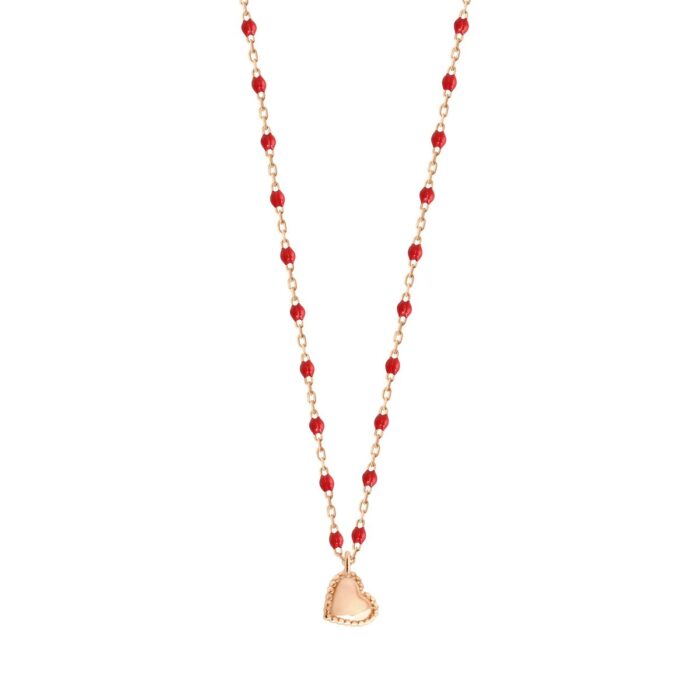 Collier Lucky Coeur, or rose et mini perles de résine coquelicot, 40 cm