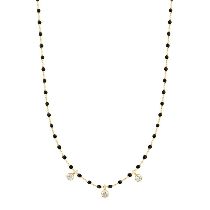 Collier noir Mini Gigi, or jaune, 3 diamants, 42 cm