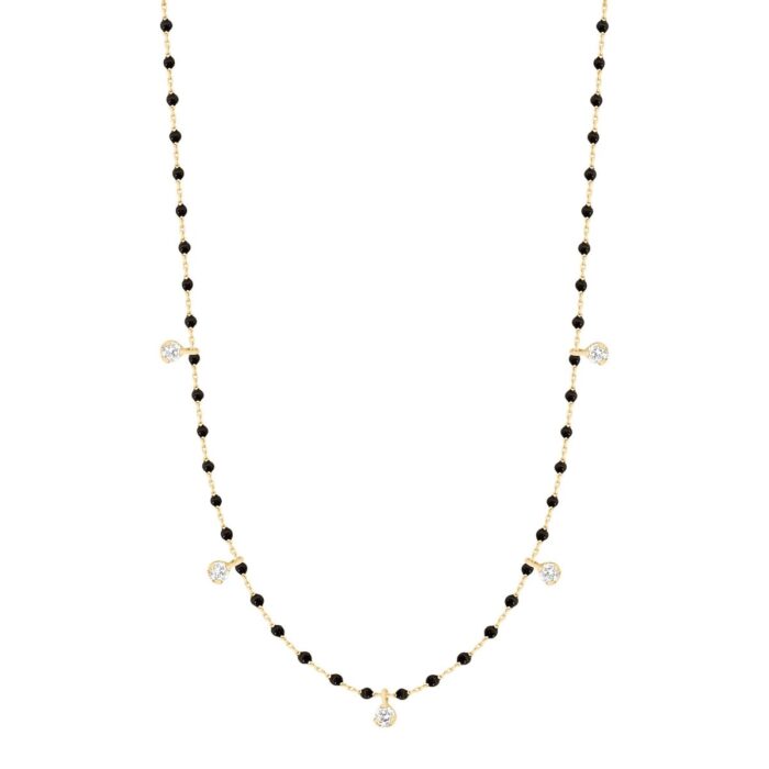 Collier noir Mini Gigi, or jaune, 5 diamants, 55 cm