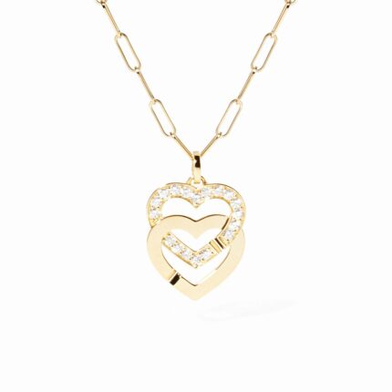 Pendentif Dinh Van Double Coeurs sur Chaîne Très Grand Modèle Diamants Or Jaune