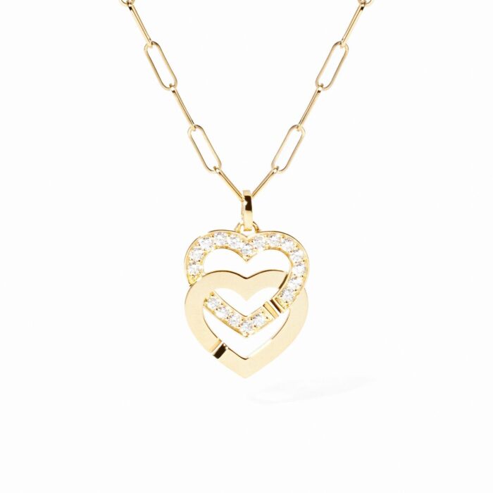 Pendentif Dinh Van Double Coeurs sur Chaîne Très Grand Modèle Diamants Or Jaune