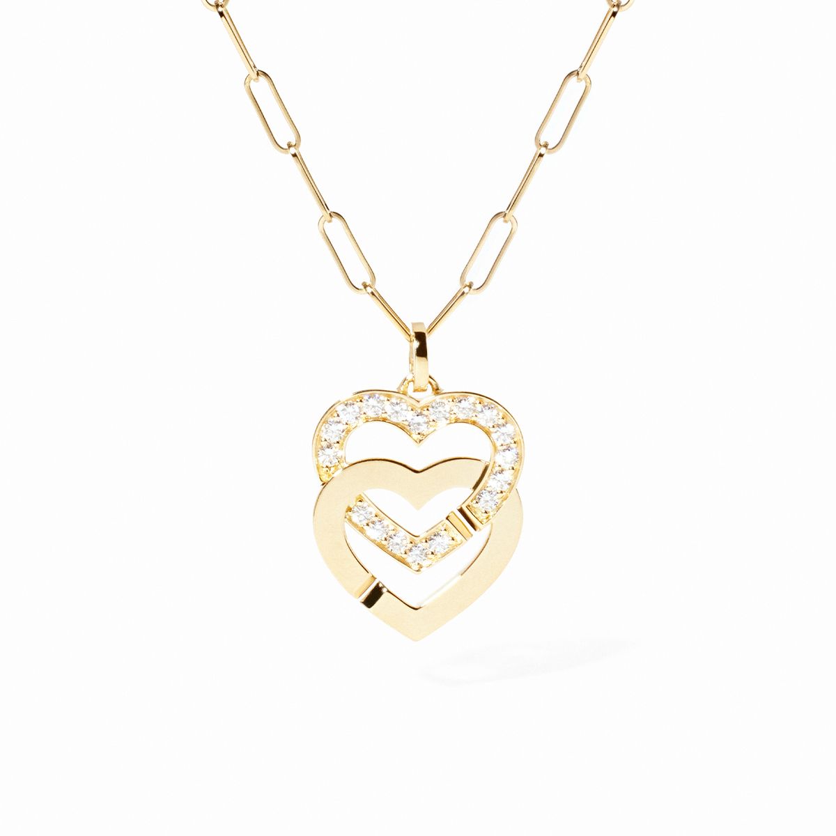 Pendentif Dinh Van Double Coeurs sur Chaîne Très Grand Modèle Diamants Or Jaune