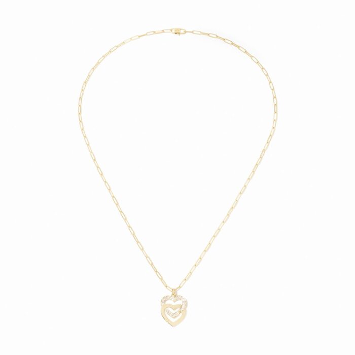 Pendentif Dinh Van Double Coeurs sur Chaîne Très Grand Modèle Diamants Or Jaune