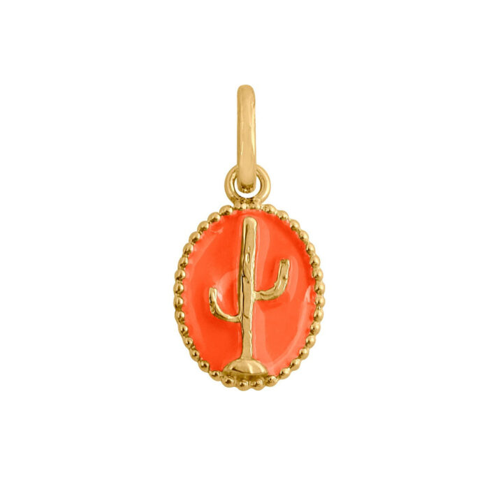 Cactus pendant, fluorescent orange resin, yellow gold