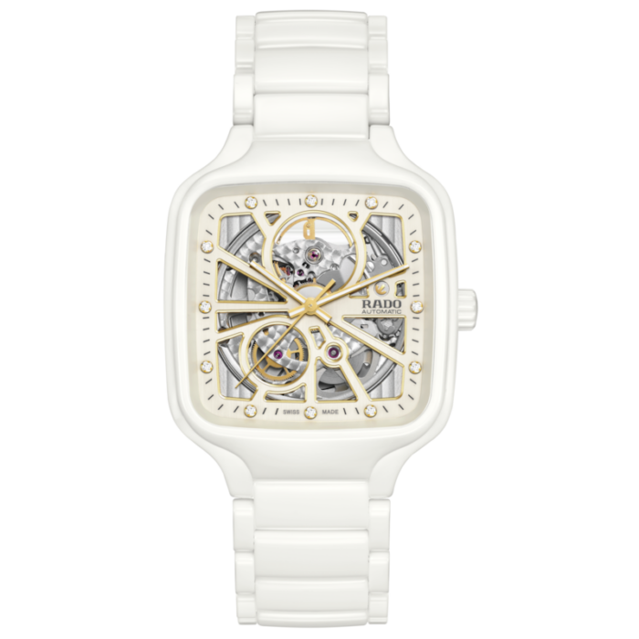 Montre Rado True Square Automatic Open Heart 12 Diamonds Cadran Blanc Bracelet Céramique 38MM