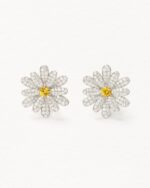 Boucles d'Oreilles Poiray Flower Grand Modèle Diamants Saphirs Jaune Or Blanc