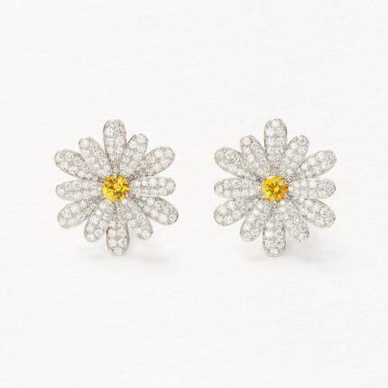 Boucles d'Oreilles Poiray Flower Grand Modèle Diamants Saphirs Jaune Or Blanc