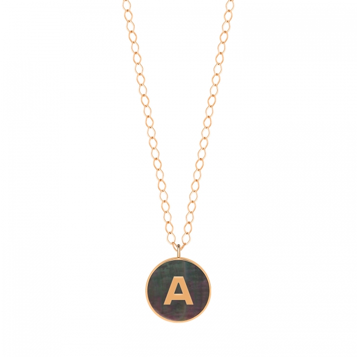 Necklace Ginette NY Initial Ever Black Mop Disc On Chain Rose Gold