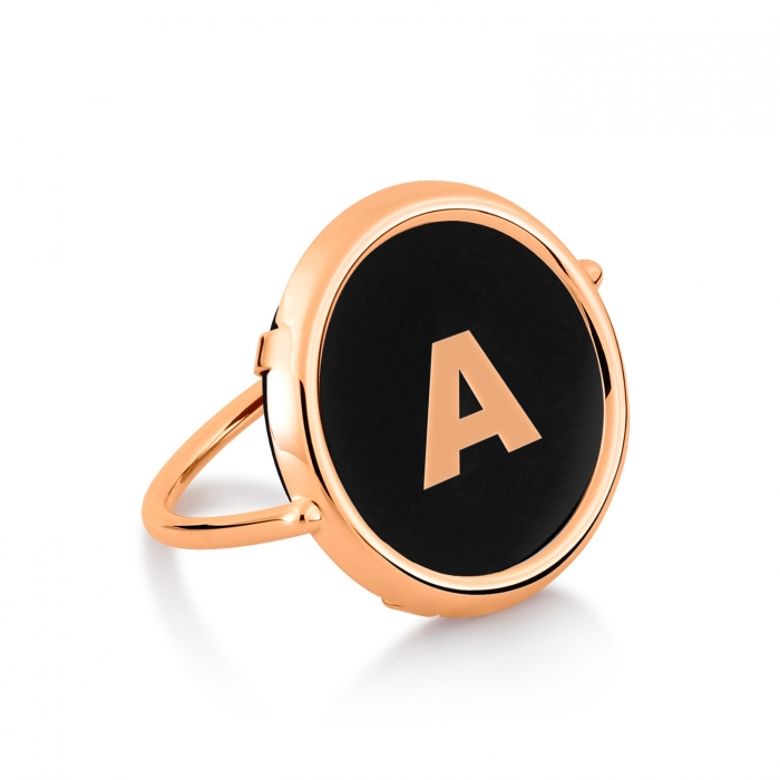 Ginette NY Initial Onyx Disc Rose Gold Ring