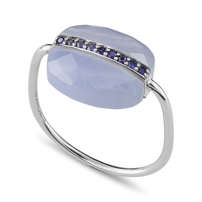 Bague Morganne Bello Aurore Agate Bleue Dentelle Et Saphirs Bleus Or Blanc