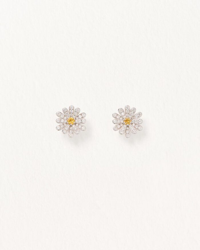 Boucles d'Oreilles Poiray Flower Diamants Saphirs Jaune Or Blanc