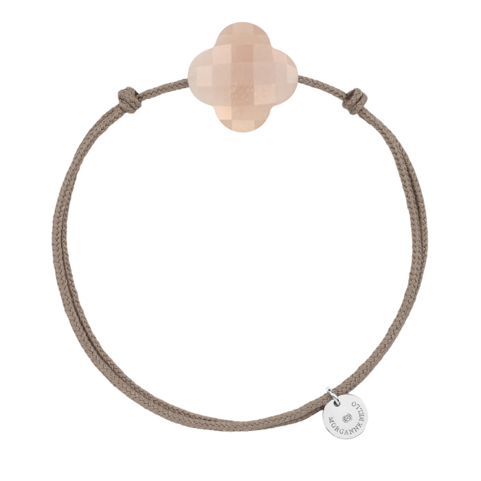 Bracelet Morganne Bello Friandise Cordon Taupe Trèfle Pierre De Lune Pêche