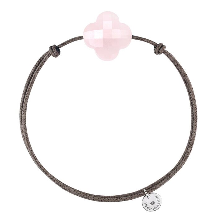 Bracelet Morganne Bello Friandise Cordon Taupe Trèfle Quartz Rose Poudre