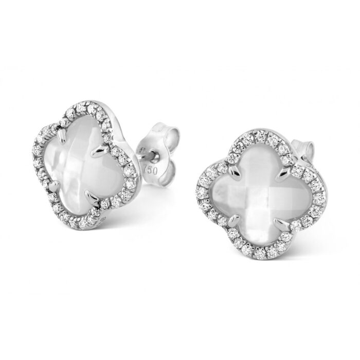 Boucles D'oreilles Morganne Bello Victoria Diamants Puces Nacre Blanche Serti Diamants Or Jaune