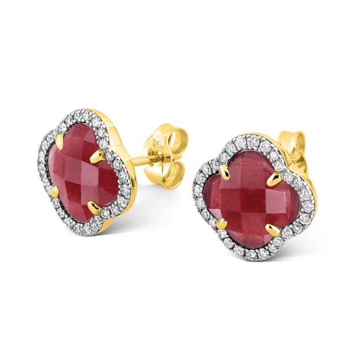 Boucles D'oreilles Morganne Bello Victoria Diamants Puces Quartz Rouge Serti Diamants Or Jaune