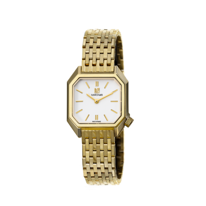 Montre MARCH LA.B Lady Mansart Quartz Continental Or 18 Carats Cadran Blanc Bracelet Acier Or 26MM