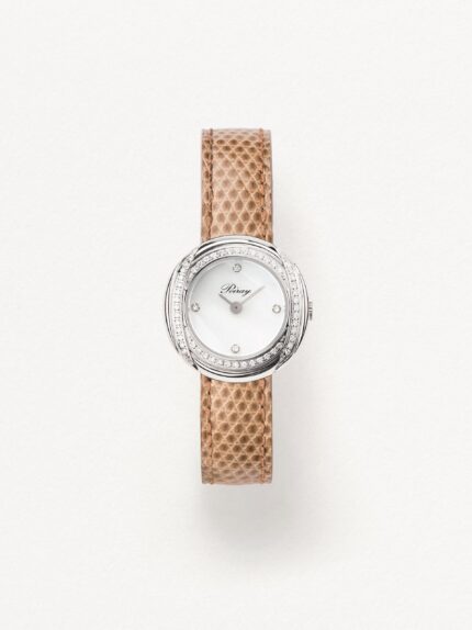 Poiray Rive Droite Mini Steel and Diamonds Watch Mother-of-Pearl Dial and Diamonds Leather Bracelet 21MM