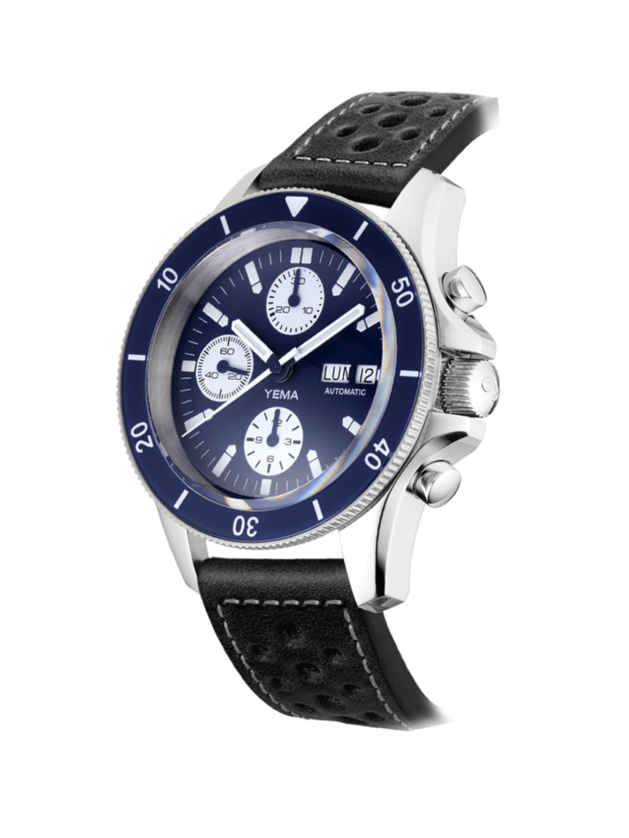 Montre Yema Navygraf Chrono Auto Cadran Bleu Bracelet Cuir 40MM