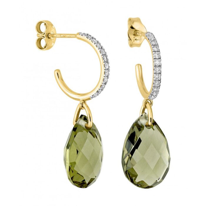 Boucles d'Oreilles Morganne Bello Alma Quartz Olive & Diamants Or Jaune