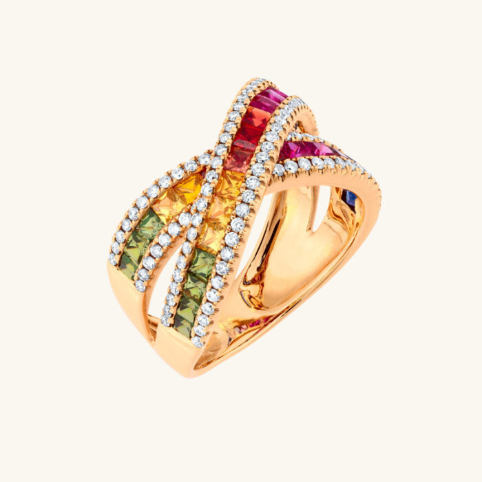 Bague Rainbow Saphirs Multicolores et Diamants Or Rose