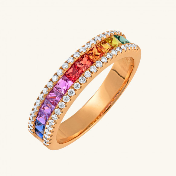 Rainbow Multicolored Sapphires and Rose Gold Diamonds Ring