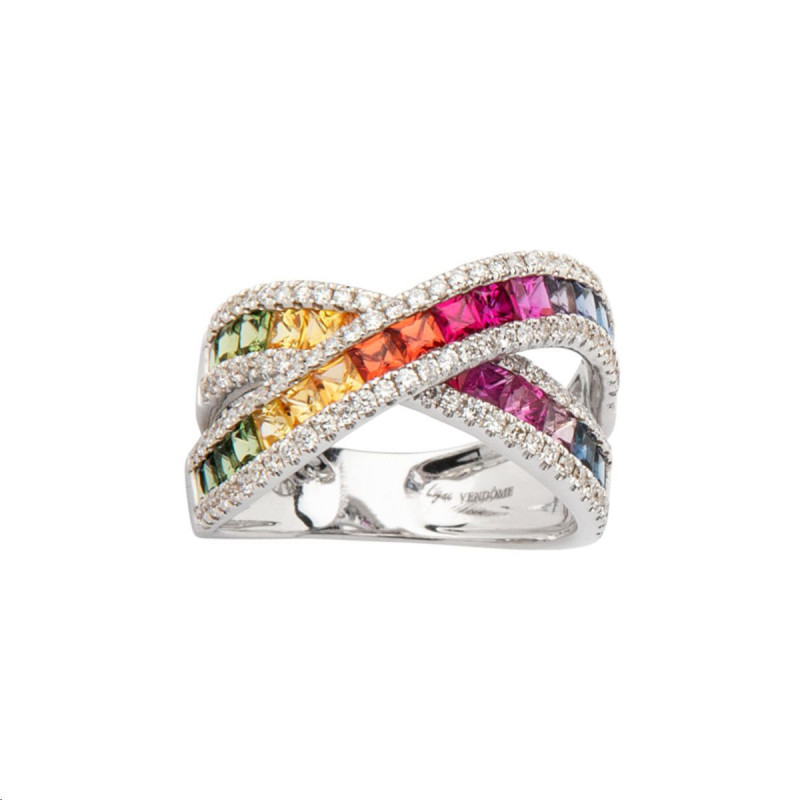 Daniel Gerard Rainbow Multicolored Sapphires and White Gold Diamonds Ring