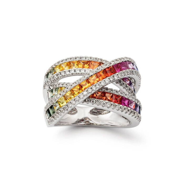 Bague Daniel Gerard Rainbow Saphirs Multicolores et Diamants Or Blanc