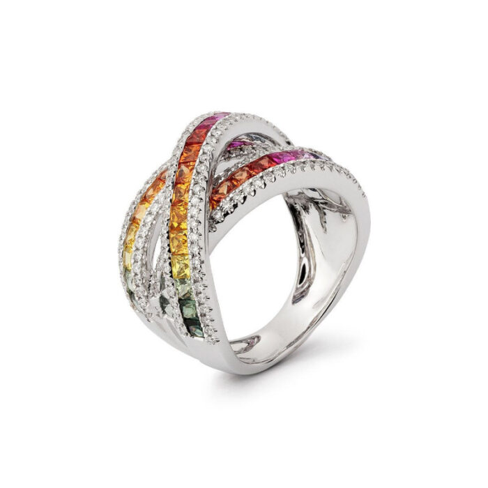 Bague Daniel Gerard Rainbow Saphirs Multicolores et Diamants Or Blanc