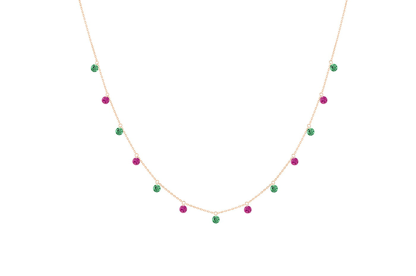 Necklace La Brune &amp; La Blonde Confetti 13 Emerald and Ruby Stones Rose Gold