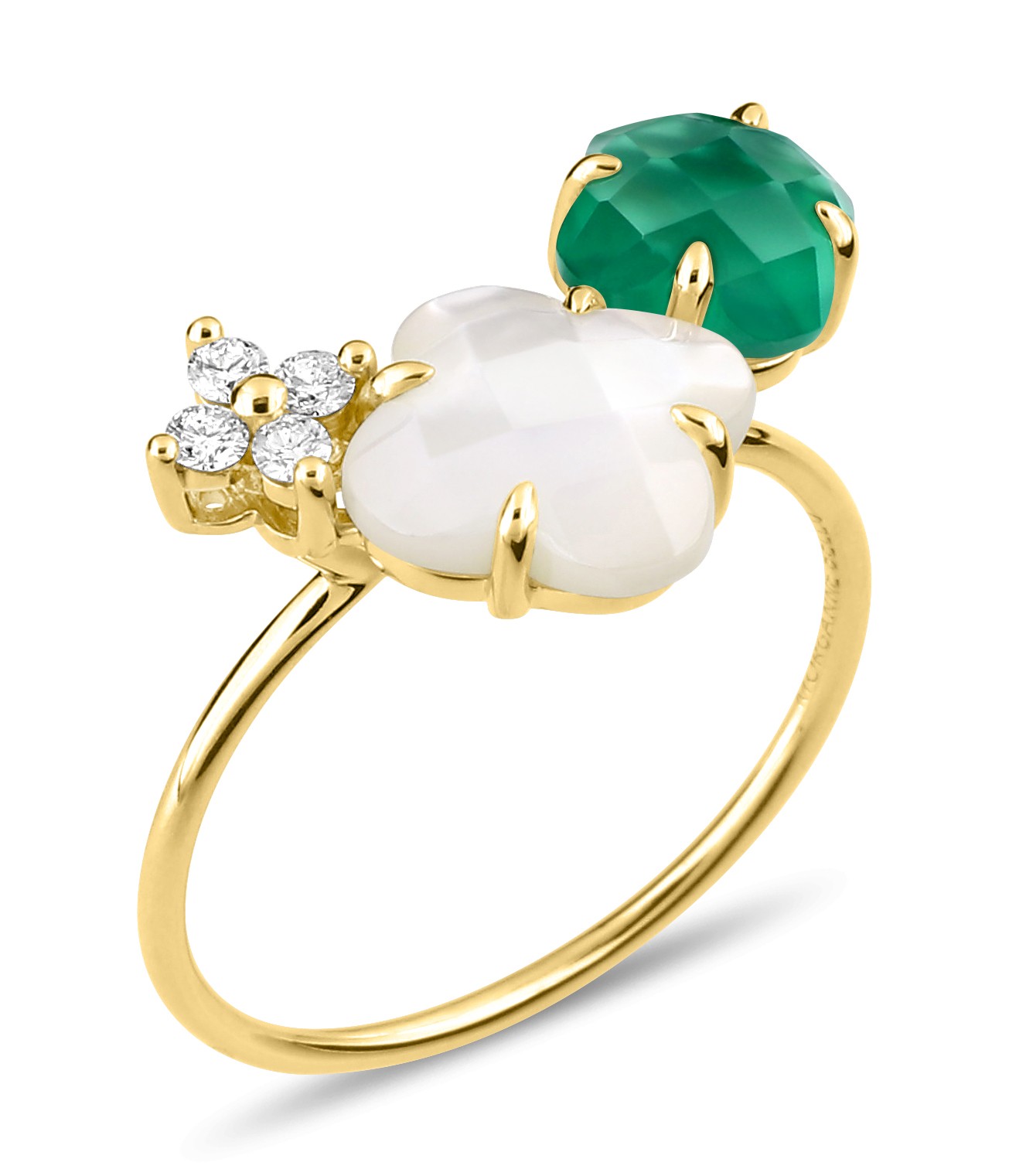 Morganne Bello Bouquet Ring White Mother-of-Pearl and Green Agate Yellow Gold Diamonds