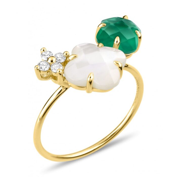 Bague Morganne Bello Bouquet Nacre Blanche et Agate Verte Diamants Or Jaune