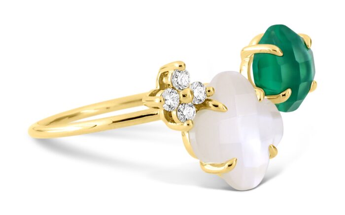 Bague Morganne Bello Bouquet Nacre Blanche et Agate Verte Diamants Or Jaune