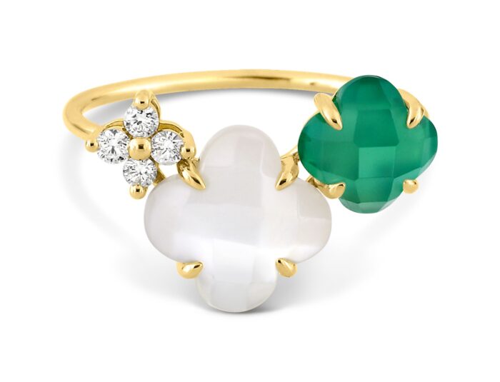 Bague Morganne Bello Bouquet Nacre Blanche et Agate Verte Diamants Or Jaune