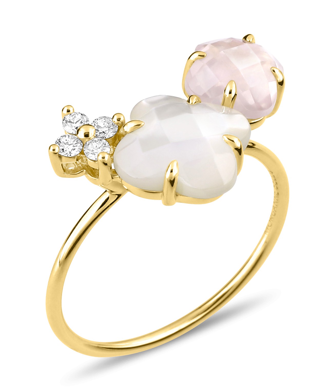 Bague Morganne Bello Bouquet Nacre Blanche et Quartz Rose Diamants Or Jaune