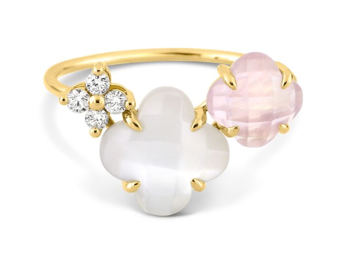 Bague Morganne Bello Bouquet Nacre Blanche et Quartz Rose Diamants Or Jaune