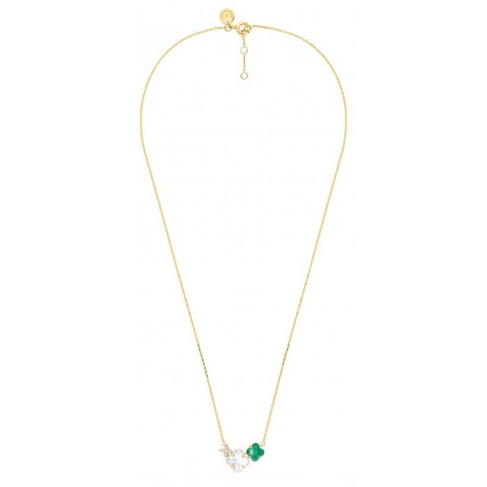 Collier Morganne Bello Bouquet Nacre Blanche et Agate Verte Diamants Or Jaune