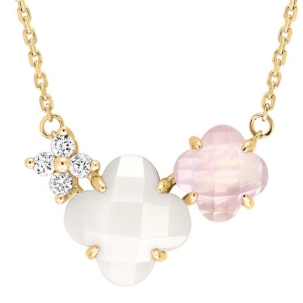 Collier Morganne Bello Bouquet Nacre Blanche et Quartz Rose Diamants Or Jaune