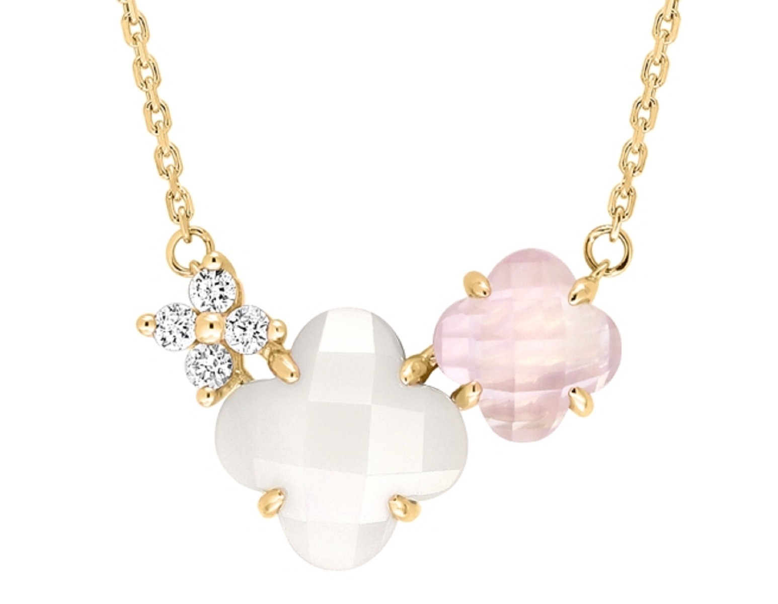 Collier Morganne Bello Bouquet Nacre Blanche et Quartz Rose Diamants Or Jaune