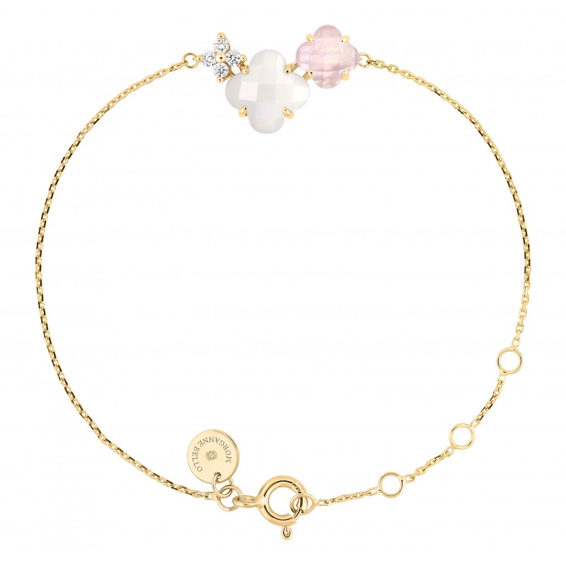 Morganne Bello Bouquet White Mother-of-Pearl &amp; Rose Quartz Diamonds Yellow Gold Bracelet