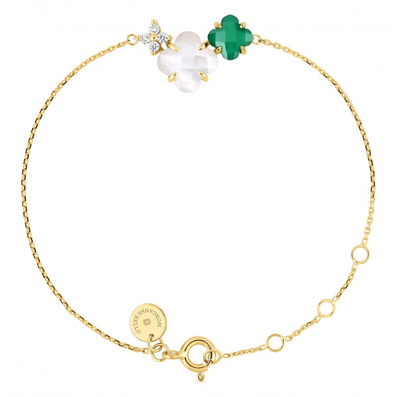 Morganne Bello Bouquet White Mother-of-Pearl &amp; Green Agate Yellow Gold Diamonds Bracelet