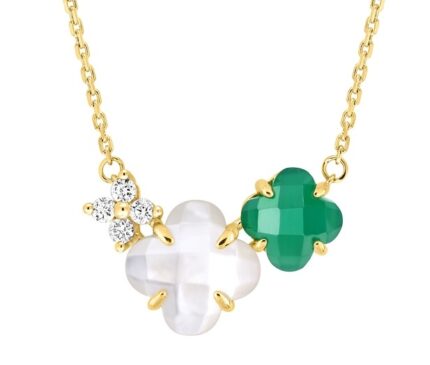 Collier Morganne Bello Bouquet Nacre Blanche et Agate Verte Diamants Or Jaune