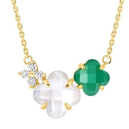 Collier Morganne Bello Bouquet Nacre Blanche et Agate Verte Diamants Or Jaune