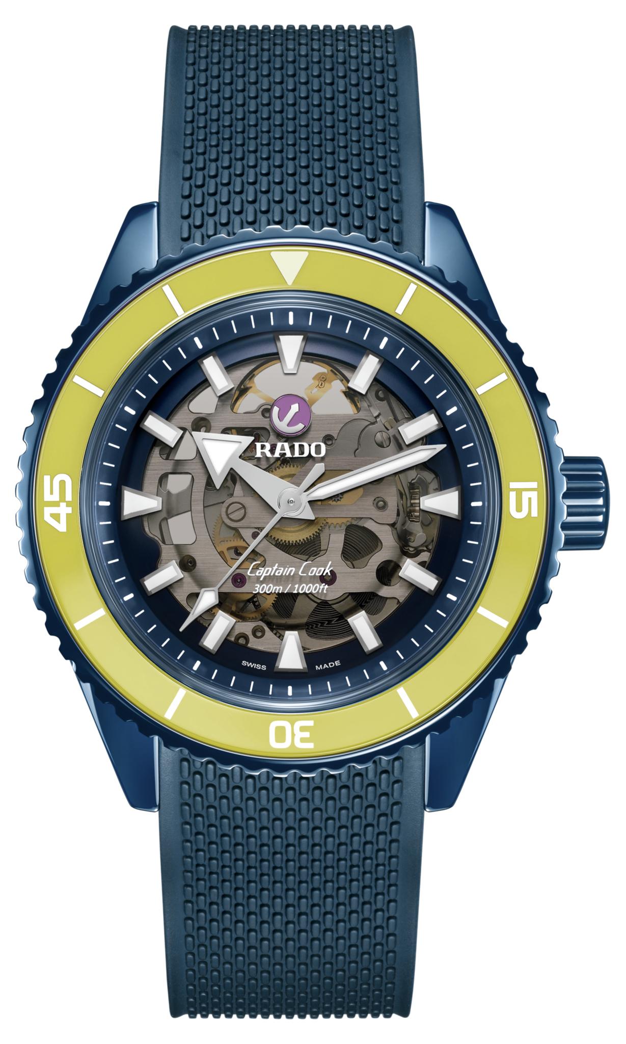 Montre Rado Captain Cook Auto High Tech Ceramic Skeleton Cadran Bleu Bracelet Caoutchouc 43MM