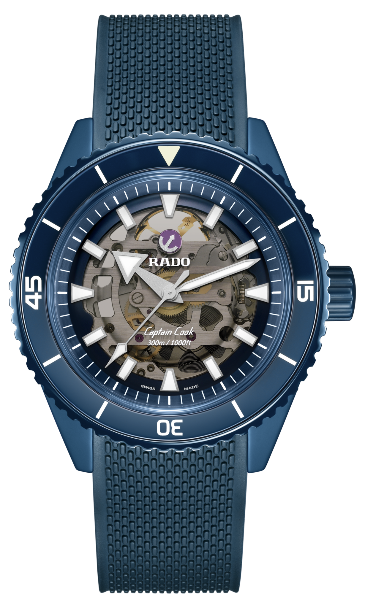 Montre Rado Captain Cook Auto High Tech Ceramic Skeleton Cadran Bleu Bracelet Caoutchouc 43MM