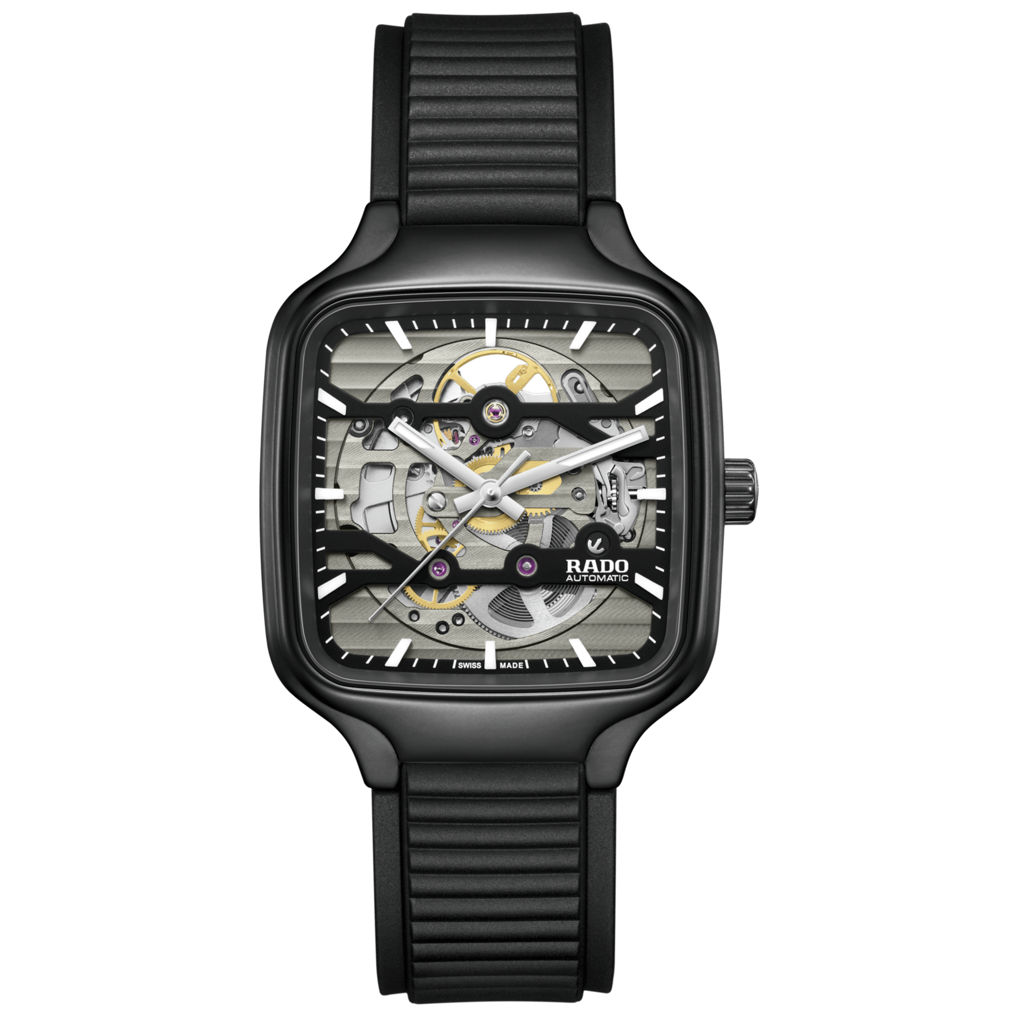 Montre Rado True Square Skeleton Auto Bracelet Caoutchouc 38MM