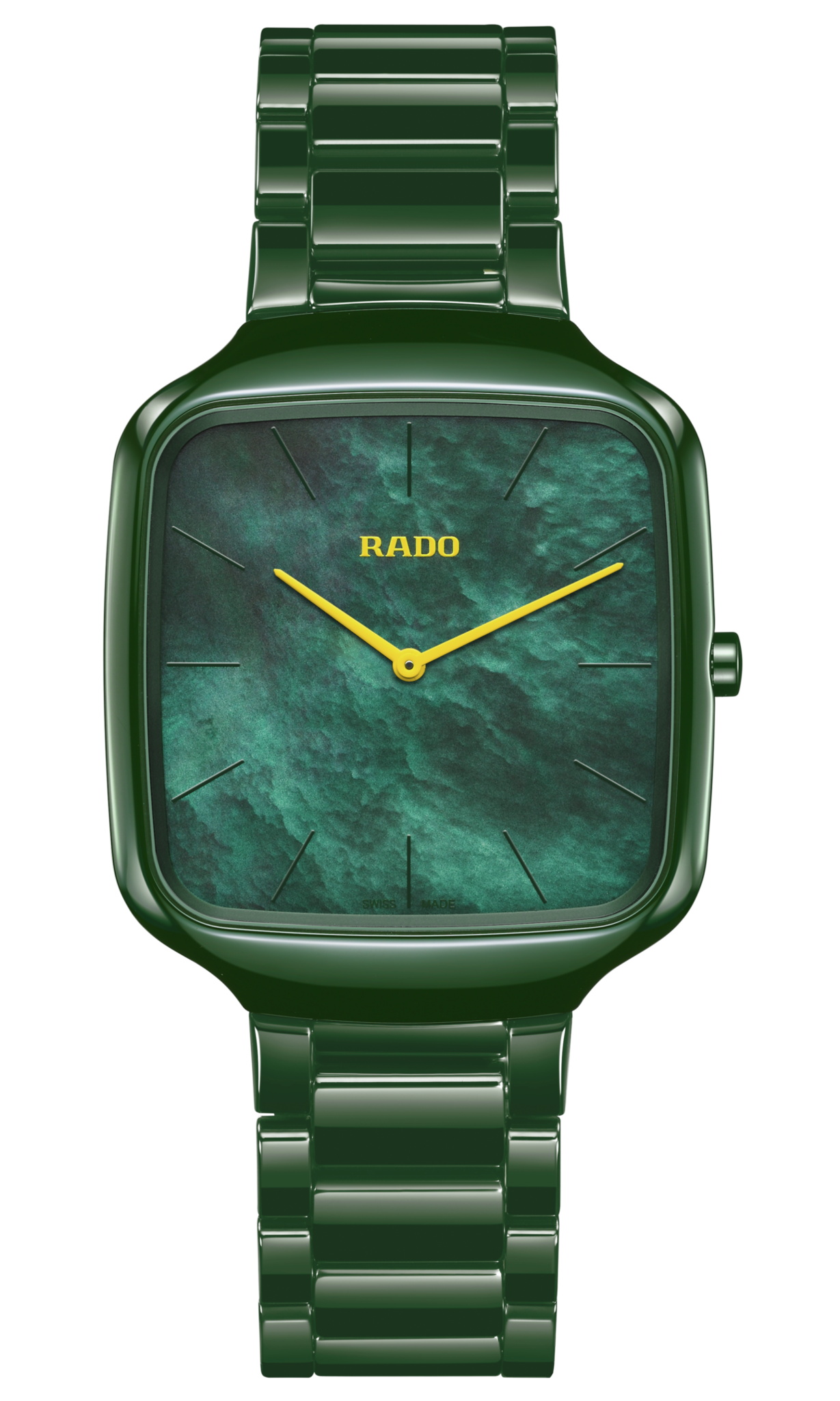 Rado True Square Thinline Quartz Watch Green Dial Ceramic Bracelet 37MM