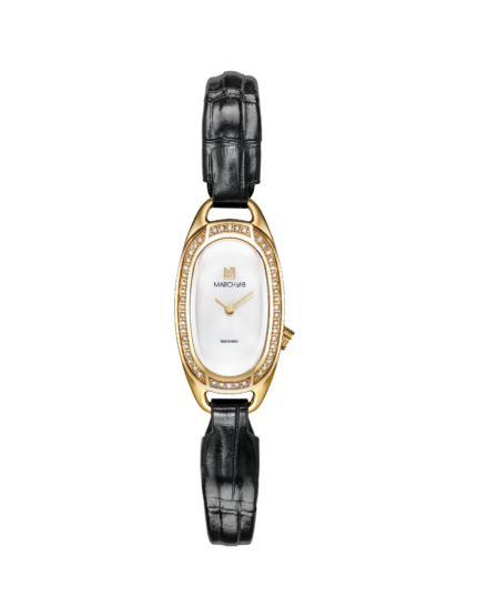 MARCH LA.B Oblong Diamond Watch 18 Carat Gold Quartz White Dial Leather Bracelet