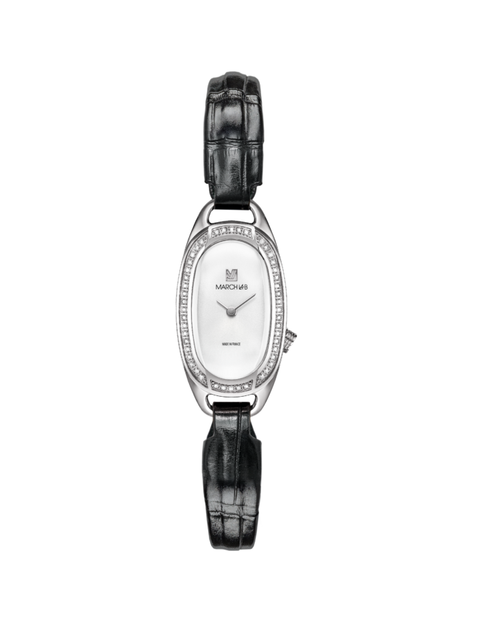 Montre MARCH LA.B Oblongue Diamants Quartz Cadran Blanc Bracelet Cuir